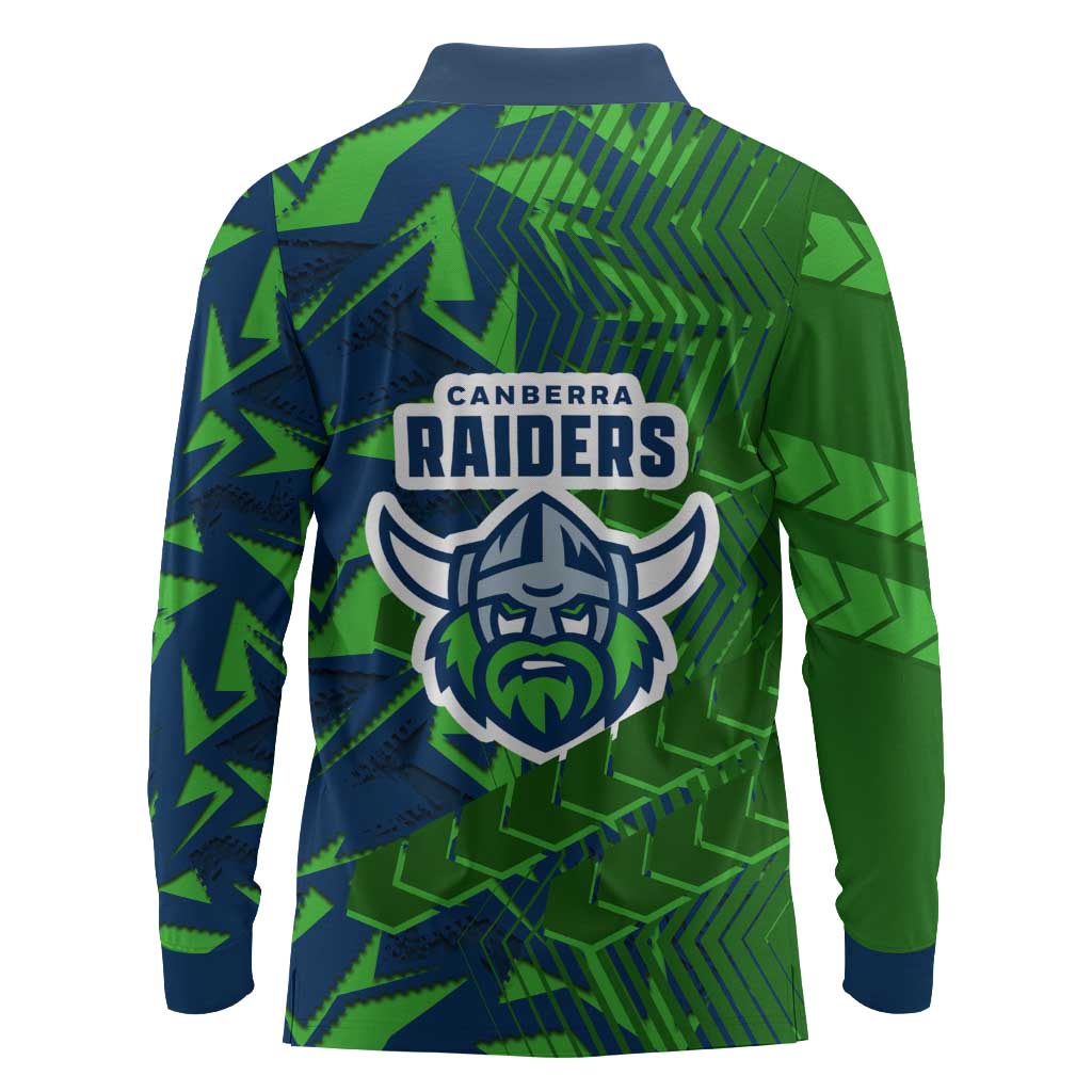 Canberra Raiders Rugby Long Sleeve Polo Shirt Fierce Mascot Geometric Tribal Art