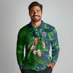 Canberra Raiders Rugby Long Sleeve Polo Shirt Fierce Mascot Geometric Tribal Art