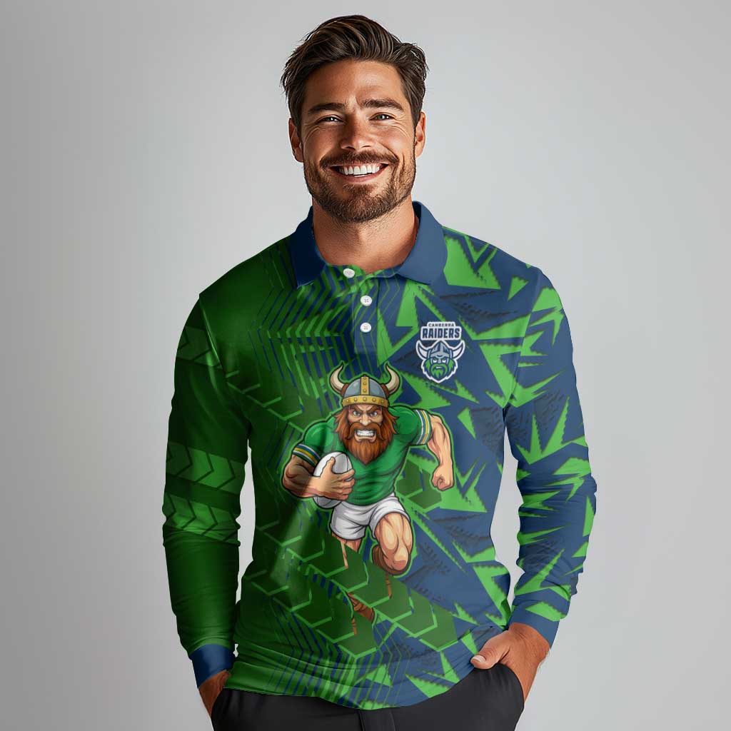 Canberra Raiders Rugby Long Sleeve Polo Shirt Fierce Mascot Geometric Tribal Art