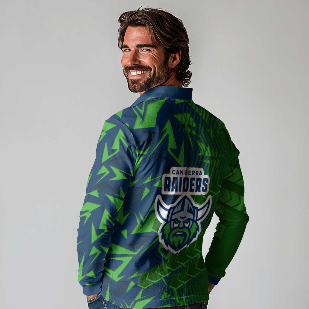 Canberra Raiders Rugby Long Sleeve Polo Shirt Fierce Mascot Geometric Tribal Art