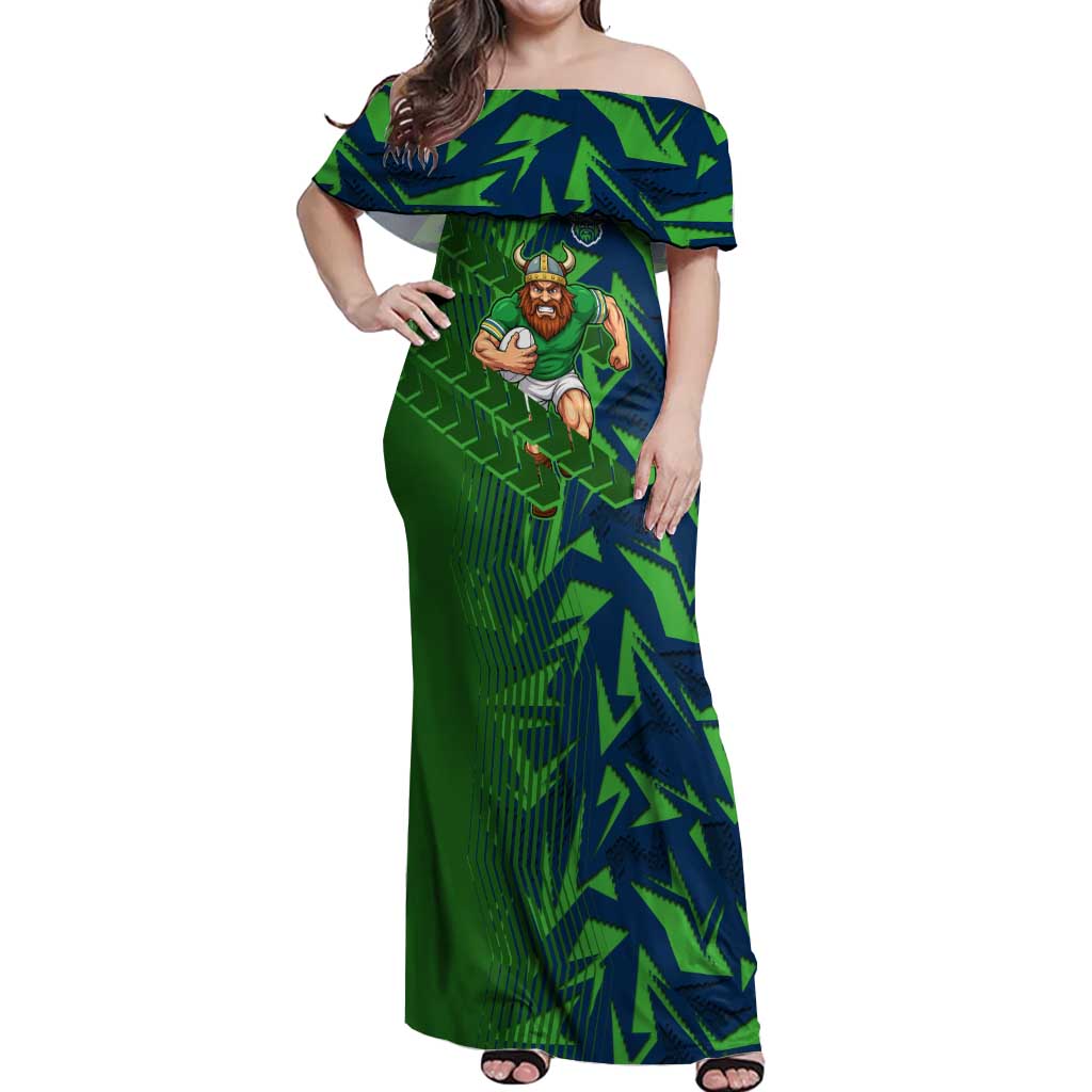Canberra Raiders Rugby Off Shoulder Maxi Dress Fierce Mascot Geometric Tribal Art