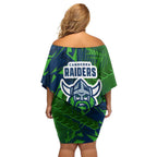 Canberra Raiders Rugby Off Shoulder Short Dress Fierce Mascot Geometric Tribal Art