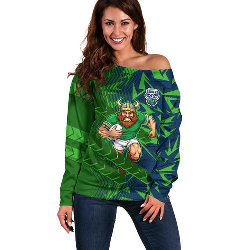 Canberra Raiders Rugby Off Shoulder Sweater Fierce Mascot Geometric Tribal Art