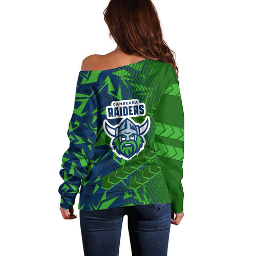 Canberra Raiders Rugby Off Shoulder Sweater Fierce Mascot Geometric Tribal Art