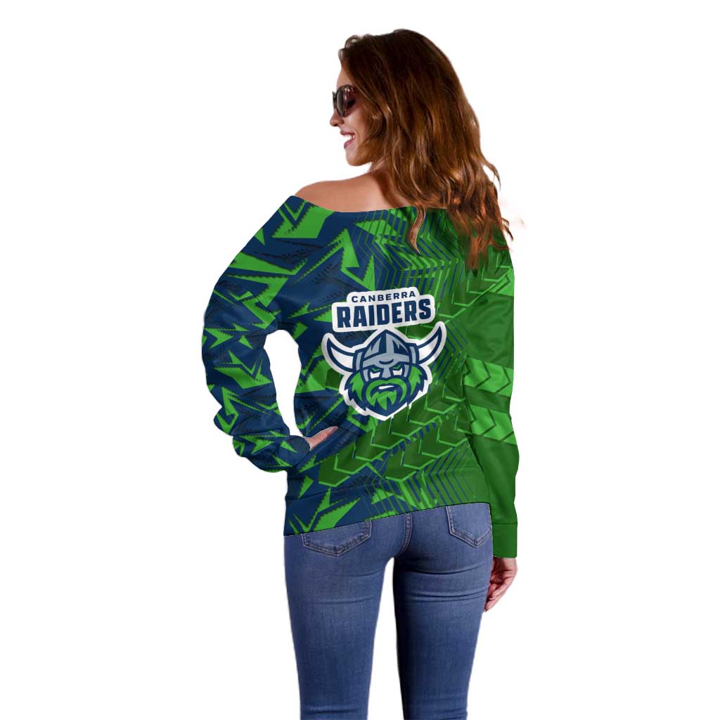 Canberra Raiders Rugby Off Shoulder Sweater Fierce Mascot Geometric Tribal Art