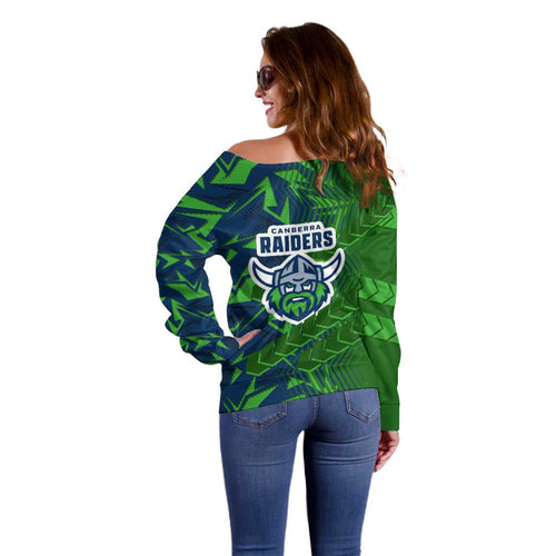 Canberra Raiders Rugby Off Shoulder Sweater Fierce Mascot Geometric Tribal Art