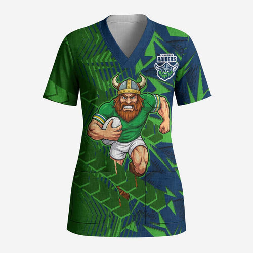 Canberra Raiders Rugby Scrub Top Fierce Mascot Geometric Tribal Art