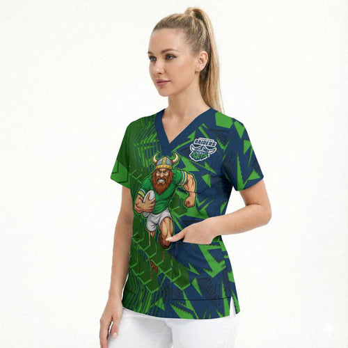 Canberra Raiders Rugby Scrub Top Fierce Mascot Geometric Tribal Art