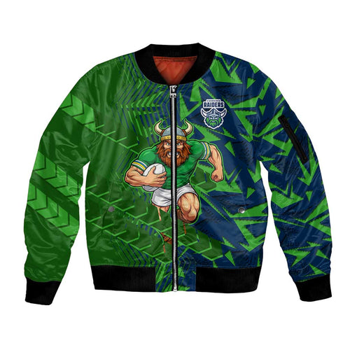 Canberra Raiders Rugby Sleeve Zip Bomber Jacket Fierce Mascot Geometric Tribal Art