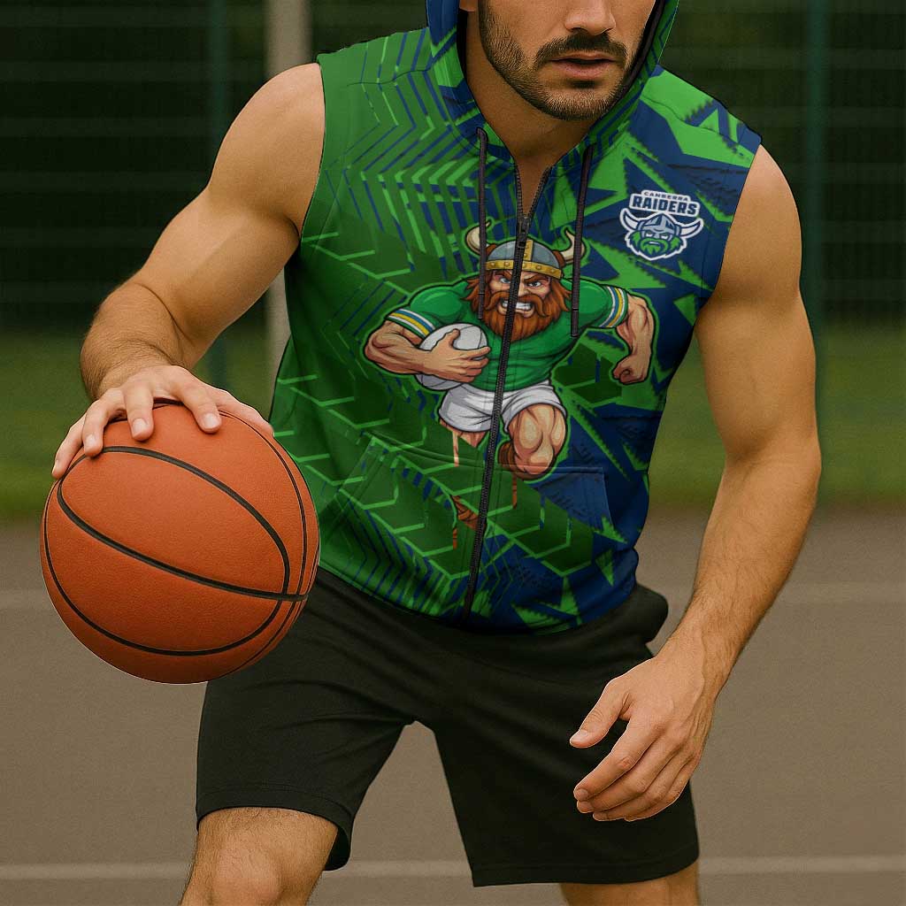 Canberra Raiders Rugby Sleeveless Zip Hoodie Fierce Mascot Geometric Tribal Art
