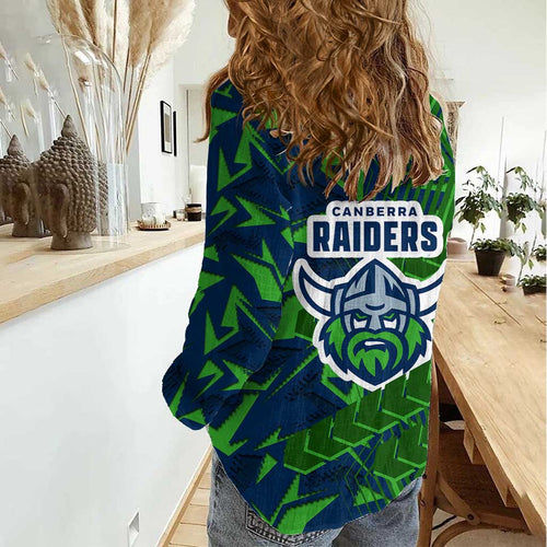 Canberra Raiders Rugby Women Casual Shirt Fierce Mascot Geometric Tribal Art