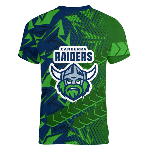 Canberra Raiders Rugby Women V-Neck T-Shirt Fierce Mascot Geometric Tribal Art