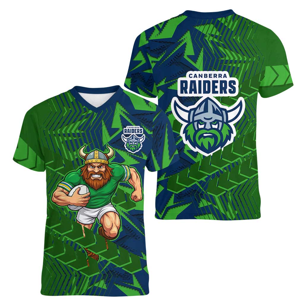 Canberra Raiders Rugby Women V-Neck T-Shirt Fierce Mascot Geometric Tribal Art
