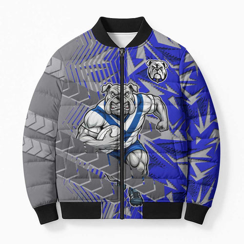Canterbury Bankstown Bulldogs Rugby Bomber Puffer Jacket Fierce Mascot Geometric Tribal Art