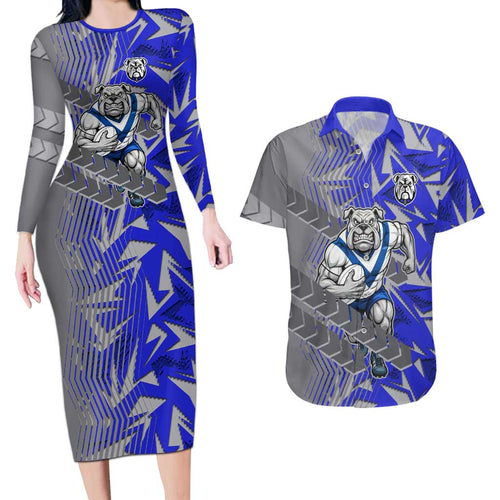 Canterbury Bankstown Bulldogs Rugby Couples Matching Long Sleeve Bodycon Dress and Hawaiian Shirt Fierce Mascot Geometric Tribal Art