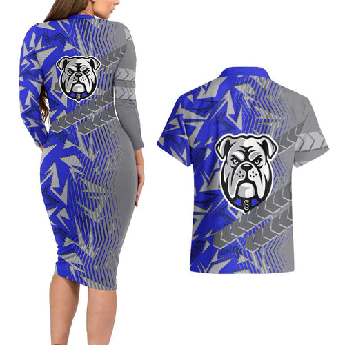 Canterbury Bankstown Bulldogs Rugby Couples Matching Long Sleeve Bodycon Dress and Hawaiian Shirt Fierce Mascot Geometric Tribal Art