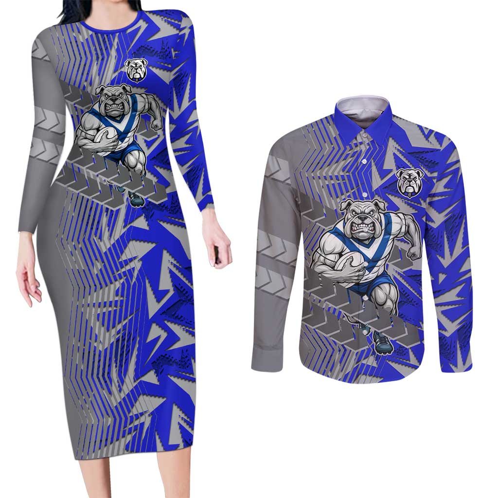 Canterbury Bankstown Bulldogs Rugby Couples Matching Long Sleeve Bodycon Dress and Long Sleeve Button Shirt Fierce Mascot Geometric Tribal Art