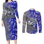 Canterbury Bankstown Bulldogs Rugby Couples Matching Long Sleeve Bodycon Dress and Long Sleeve Button Shirt Fierce Mascot Geometric Tribal Art