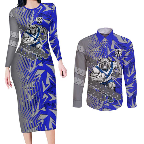 Canterbury Bankstown Bulldogs Rugby Couples Matching Long Sleeve Bodycon Dress and Long Sleeve Button Shirt Fierce Mascot Geometric Tribal Art