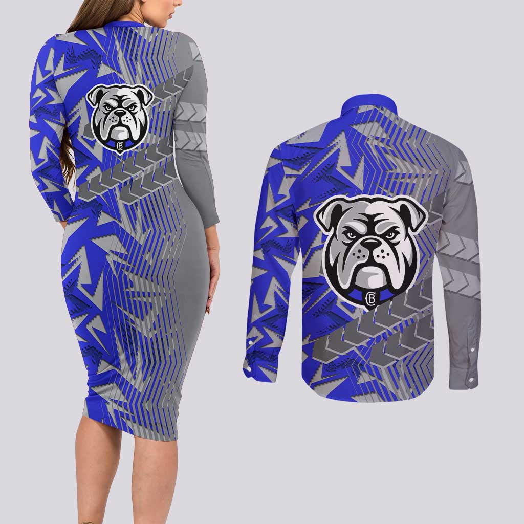 Canterbury Bankstown Bulldogs Rugby Couples Matching Long Sleeve Bodycon Dress and Long Sleeve Button Shirt Fierce Mascot Geometric Tribal Art