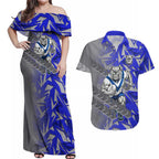 Canterbury Bankstown Bulldogs Rugby Couples Matching Off Shoulder Maxi Dress and Hawaiian Shirt Fierce Mascot Geometric Tribal Art