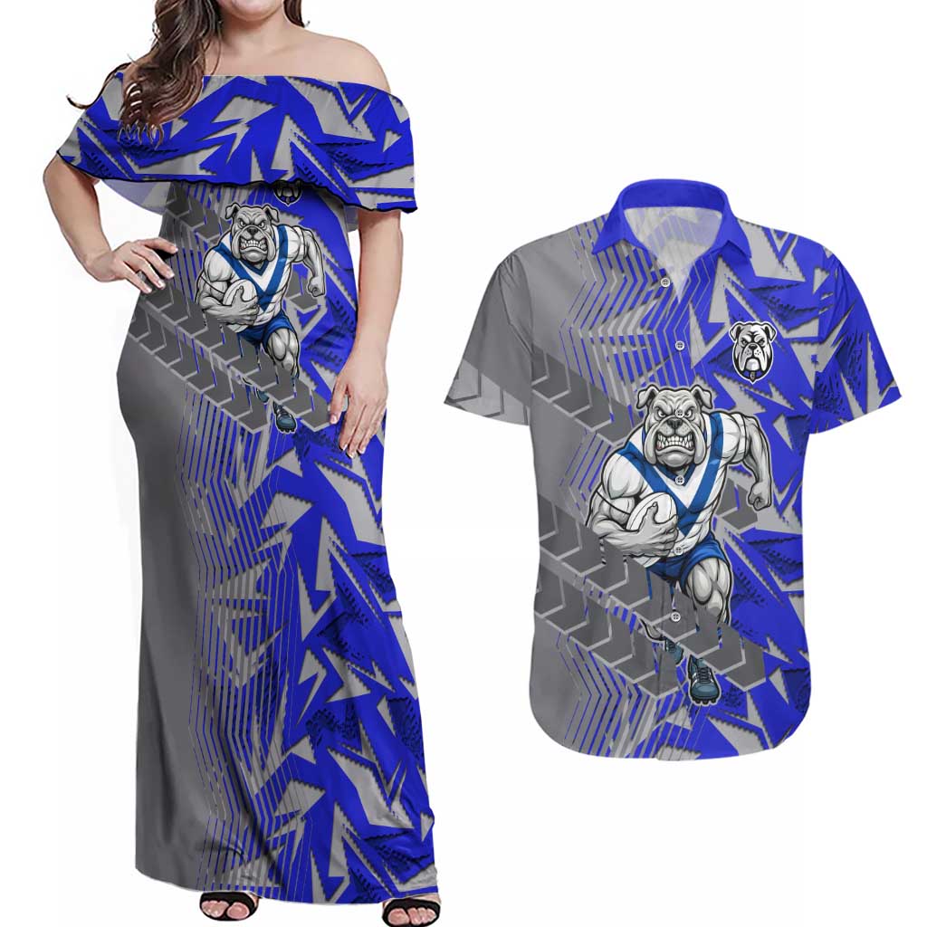 Canterbury Bankstown Bulldogs Rugby Couples Matching Off Shoulder Maxi Dress and Hawaiian Shirt Fierce Mascot Geometric Tribal Art