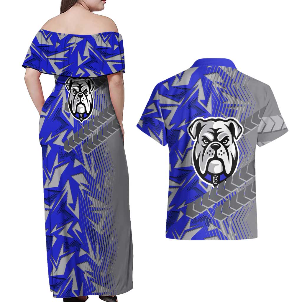 Canterbury Bankstown Bulldogs Rugby Couples Matching Off Shoulder Maxi Dress and Hawaiian Shirt Fierce Mascot Geometric Tribal Art