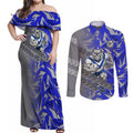 Canterbury Bankstown Bulldogs Rugby Couples Matching Off Shoulder Maxi Dress and Long Sleeve Button Shirt Fierce Mascot Geometric Tribal Art