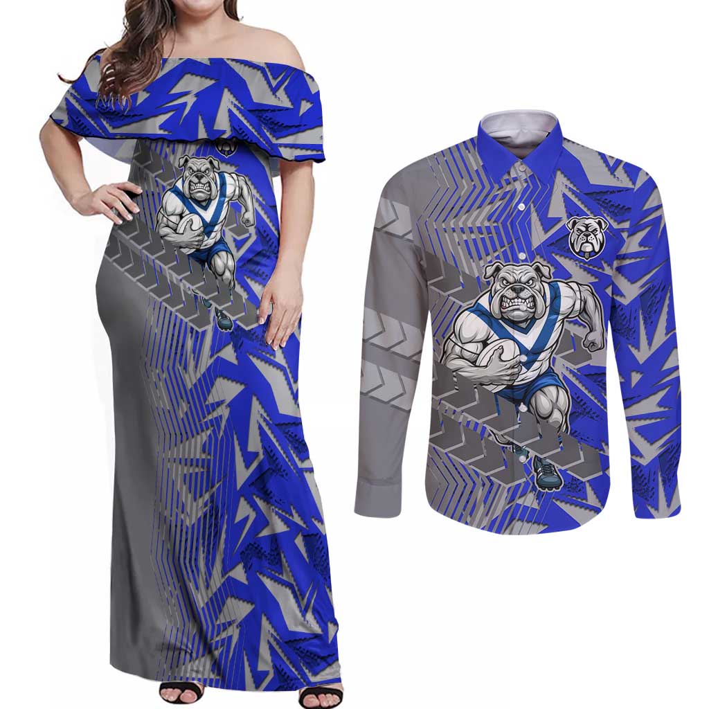 Canterbury Bankstown Bulldogs Rugby Couples Matching Off Shoulder Maxi Dress and Long Sleeve Button Shirt Fierce Mascot Geometric Tribal Art