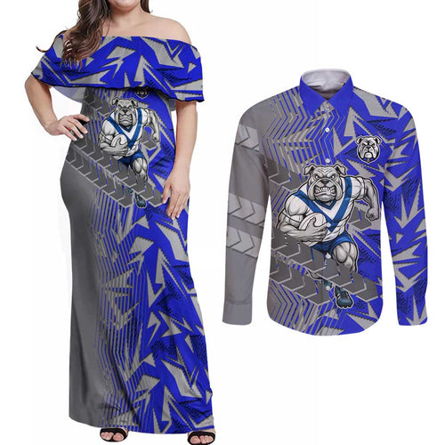 Canterbury Bankstown Bulldogs Rugby Couples Matching Off Shoulder Maxi Dress and Long Sleeve Button Shirt Fierce Mascot Geometric Tribal Art