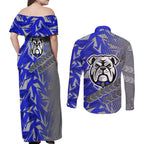 Canterbury Bankstown Bulldogs Rugby Couples Matching Off Shoulder Maxi Dress and Long Sleeve Button Shirt Fierce Mascot Geometric Tribal Art