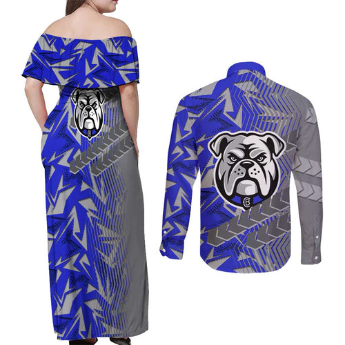 Canterbury Bankstown Bulldogs Rugby Couples Matching Off Shoulder Maxi Dress and Long Sleeve Button Shirt Fierce Mascot Geometric Tribal Art