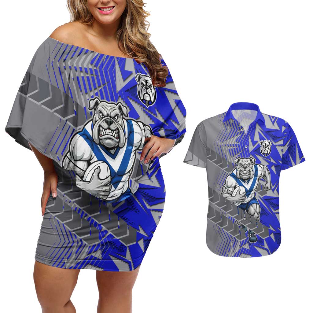 Canterbury Bankstown Bulldogs Rugby Couples Matching Off Shoulder Short Dress and Hawaiian Shirt Fierce Mascot Geometric Tribal Art