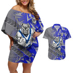 Canterbury Bankstown Bulldogs Rugby Couples Matching Off Shoulder Short Dress and Hawaiian Shirt Fierce Mascot Geometric Tribal Art