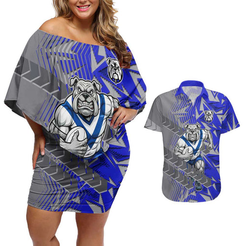 Canterbury Bankstown Bulldogs Rugby Couples Matching Off Shoulder Short Dress and Hawaiian Shirt Fierce Mascot Geometric Tribal Art