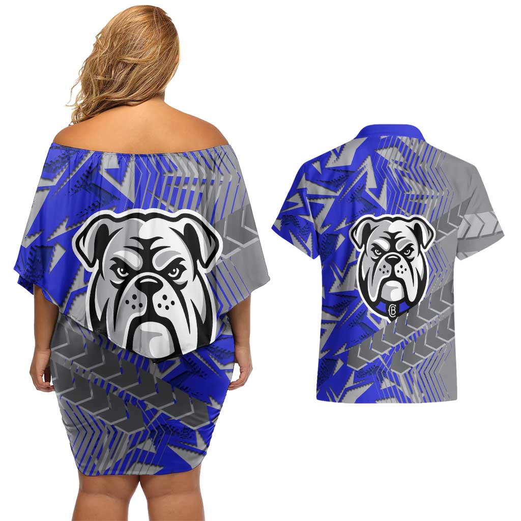 Canterbury Bankstown Bulldogs Rugby Couples Matching Off Shoulder Short Dress and Hawaiian Shirt Fierce Mascot Geometric Tribal Art