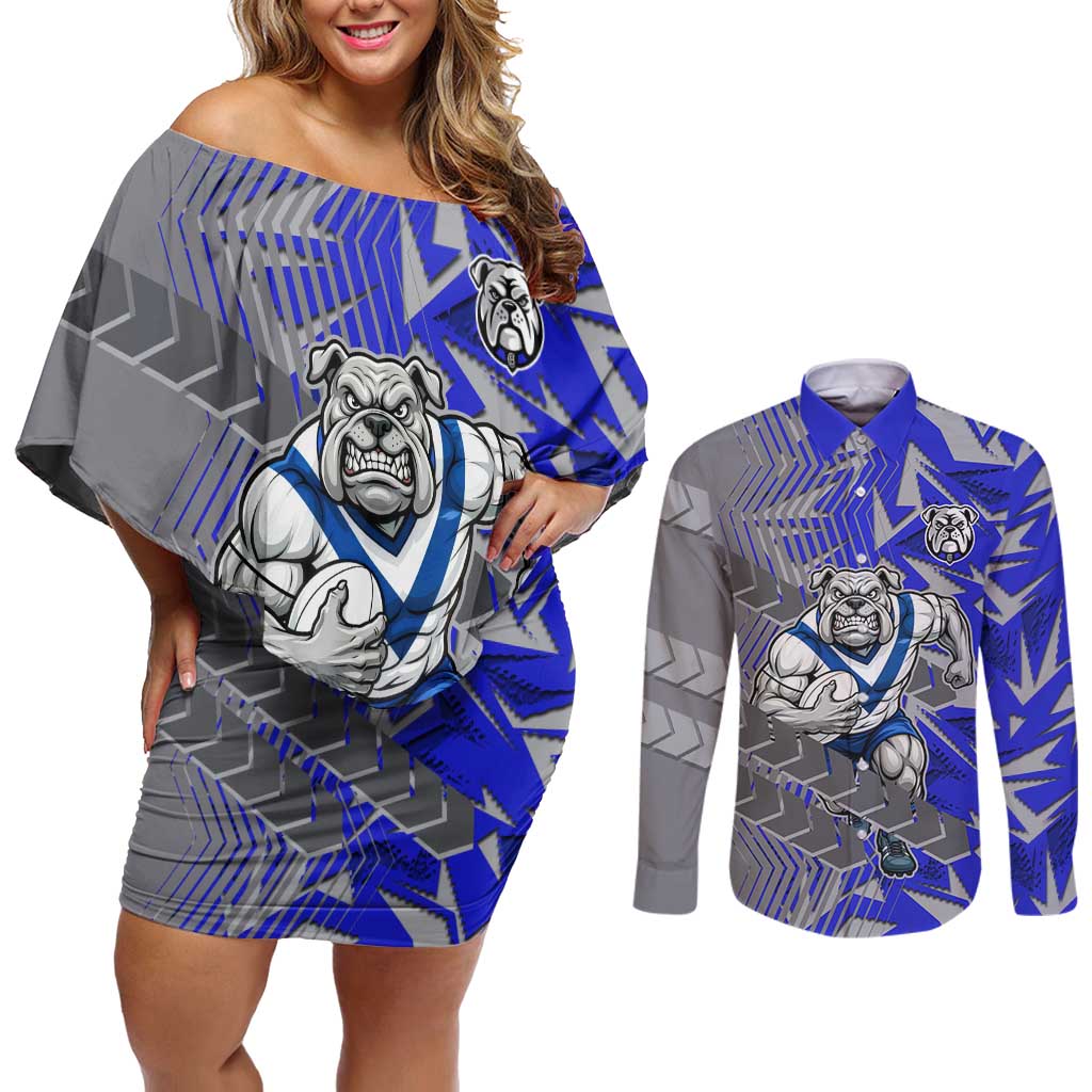 Canterbury Bankstown Bulldogs Rugby Couples Matching Off Shoulder Short Dress and Long Sleeve Button Shirt Fierce Mascot Geometric Tribal Art
