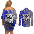 Canterbury Bankstown Bulldogs Rugby Couples Matching Off Shoulder Short Dress and Long Sleeve Button Shirt Fierce Mascot Geometric Tribal Art