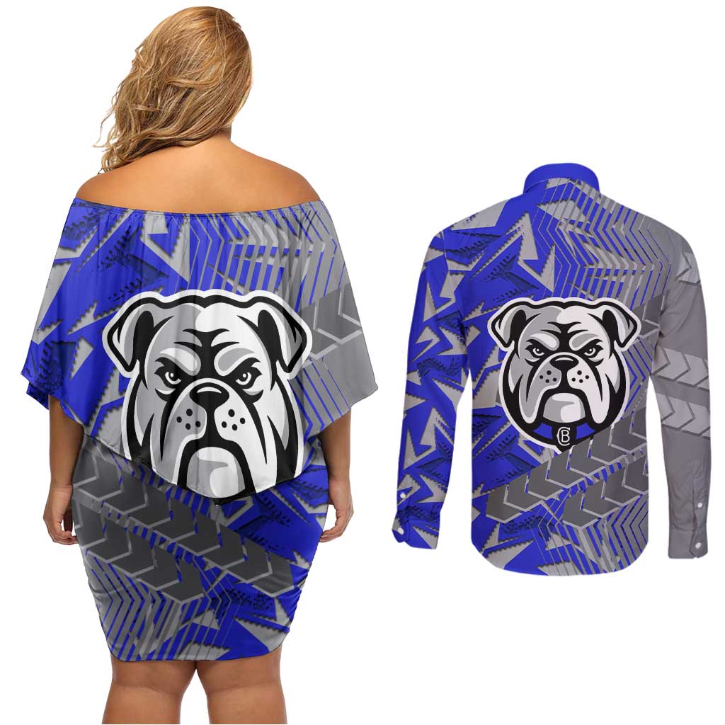Canterbury Bankstown Bulldogs Rugby Couples Matching Off Shoulder Short Dress and Long Sleeve Button Shirt Fierce Mascot Geometric Tribal Art