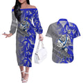 Canterbury Bankstown Bulldogs Rugby Couples Matching Off The Shoulder Long Sleeve Dress and Hawaiian Shirt Fierce Mascot Geometric Tribal Art