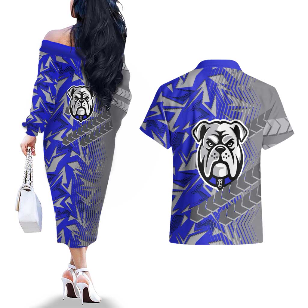 Canterbury Bankstown Bulldogs Rugby Couples Matching Off The Shoulder Long Sleeve Dress and Hawaiian Shirt Fierce Mascot Geometric Tribal Art