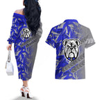 Canterbury Bankstown Bulldogs Rugby Couples Matching Off The Shoulder Long Sleeve Dress and Hawaiian Shirt Fierce Mascot Geometric Tribal Art