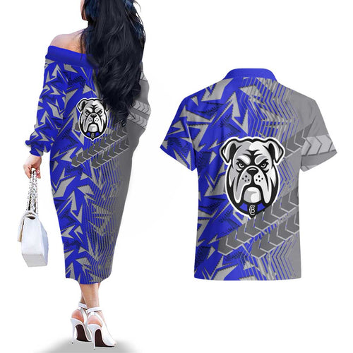 Canterbury Bankstown Bulldogs Rugby Couples Matching Off The Shoulder Long Sleeve Dress and Hawaiian Shirt Fierce Mascot Geometric Tribal Art