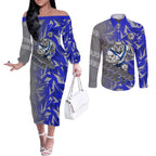 Canterbury Bankstown Bulldogs Rugby Couples Matching Off The Shoulder Long Sleeve Dress and Long Sleeve Button Shirt Fierce Mascot Geometric Tribal Art