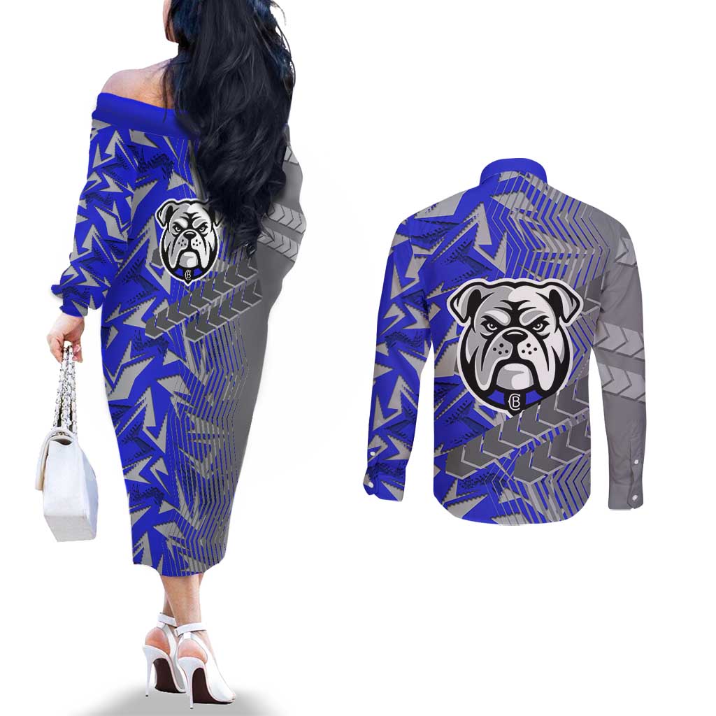 Canterbury Bankstown Bulldogs Rugby Couples Matching Off The Shoulder Long Sleeve Dress and Long Sleeve Button Shirt Fierce Mascot Geometric Tribal Art