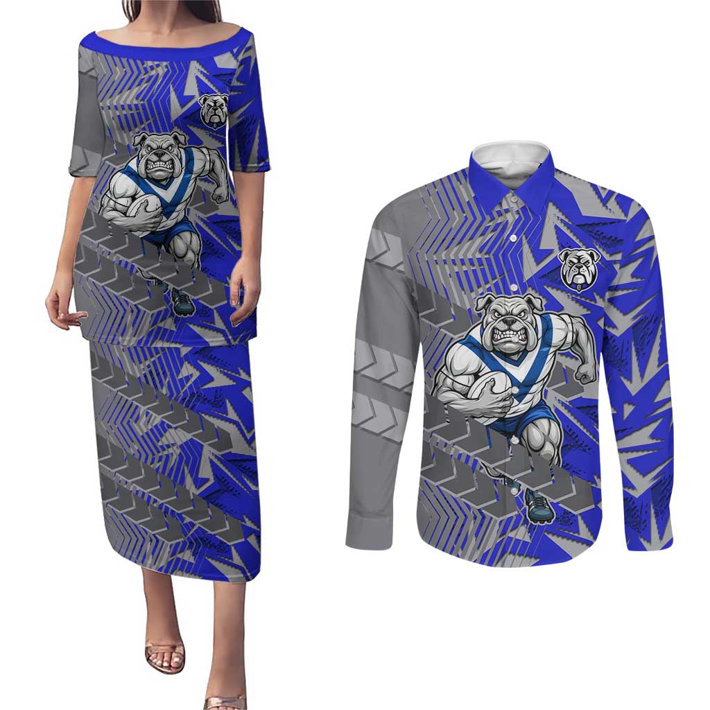 Canterbury Bankstown Bulldogs Rugby Couples Matching Puletasi and Long Sleeve Button Shirt Fierce Mascot Geometric Tribal Art