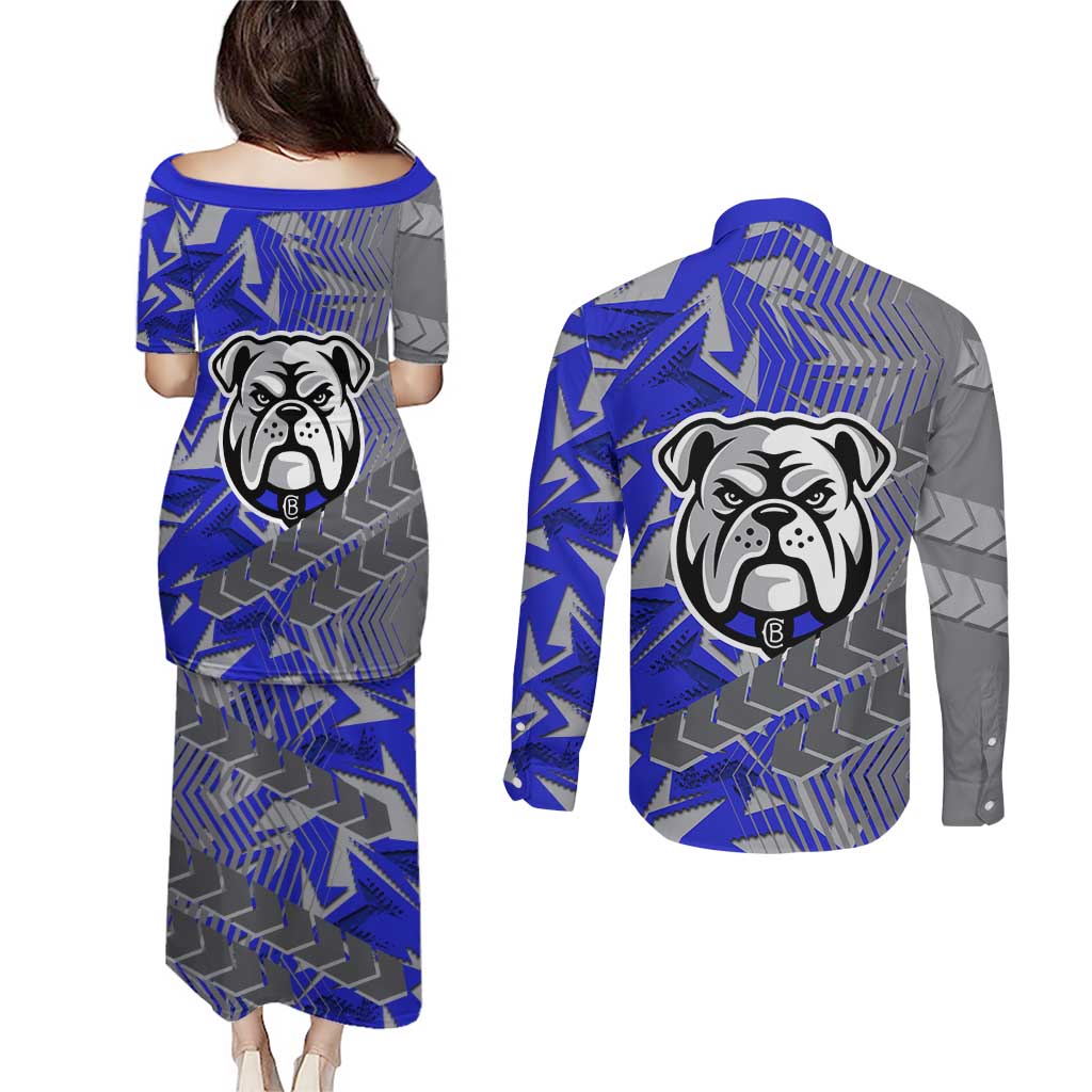 Canterbury Bankstown Bulldogs Rugby Couples Matching Puletasi and Long Sleeve Button Shirt Fierce Mascot Geometric Tribal Art