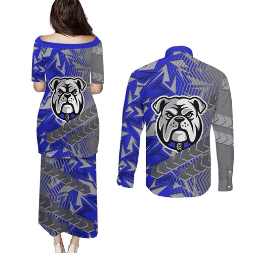 Canterbury Bankstown Bulldogs Rugby Couples Matching Puletasi and Long Sleeve Button Shirt Fierce Mascot Geometric Tribal Art