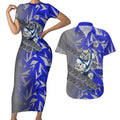 Canterbury Bankstown Bulldogs Rugby Couples Matching Short Sleeve Bodycon Dress and Hawaiian Shirt Fierce Mascot Geometric Tribal Art