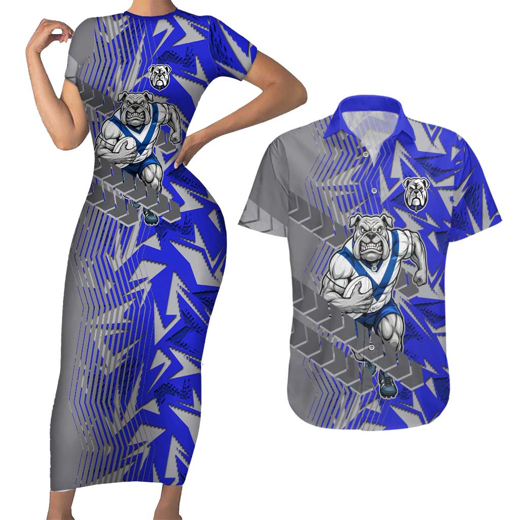Canterbury Bankstown Bulldogs Rugby Couples Matching Short Sleeve Bodycon Dress and Hawaiian Shirt Fierce Mascot Geometric Tribal Art